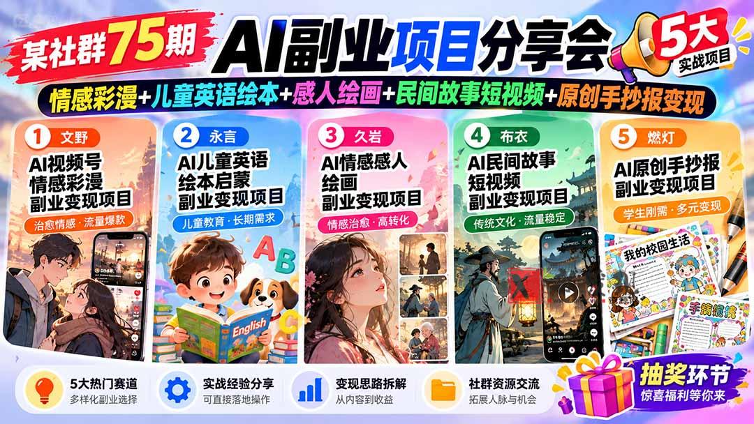 某社群75期AI副业项目分享会：情感彩漫+儿童英语绘本+感人绘画+民间故事短视频+原创手抄报变现-新发现资源网