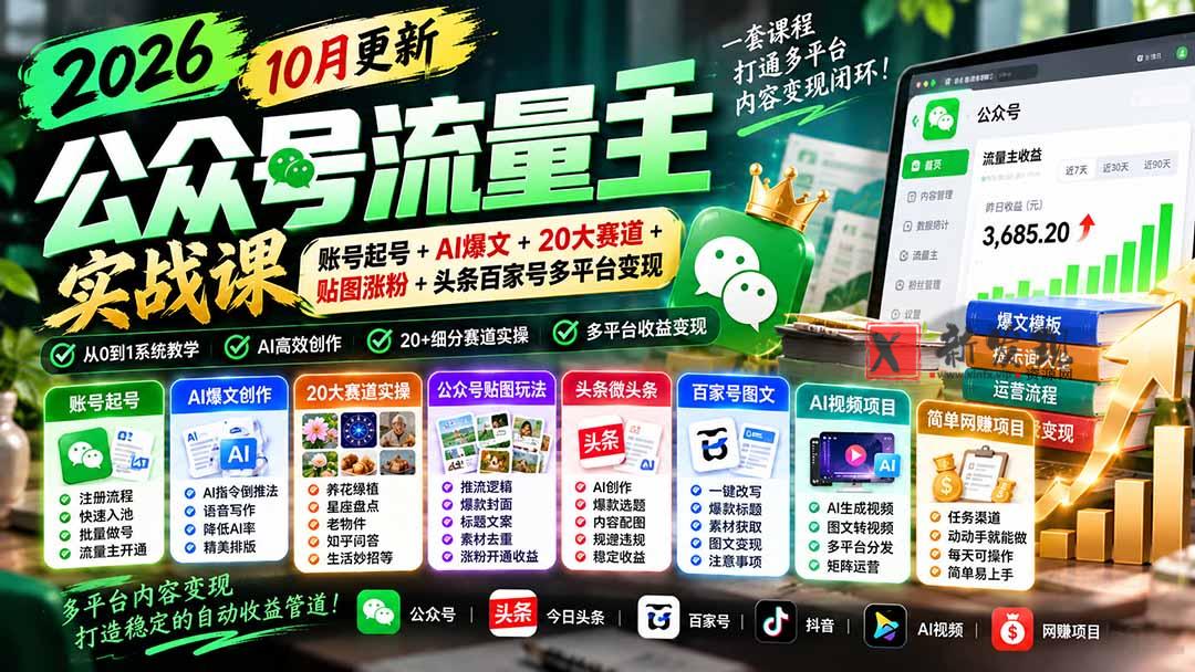2026公众号流量主实战课-10月更新：账号起号+AI爆文+20大赛道+贴图涨粉+头条百家号多平台变现-新发现资源网