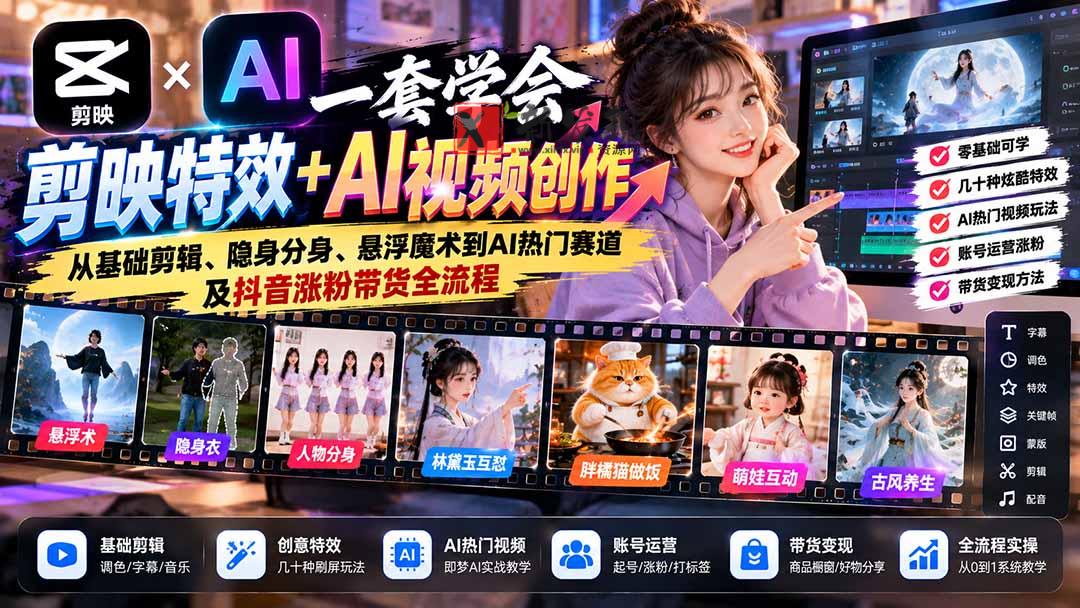 一套学会剪映特效+AI视频创作：从基础剪辑、隐身分身、悬浮魔术到AI热门赛道及抖音涨粉带货全流程-新发现资源网