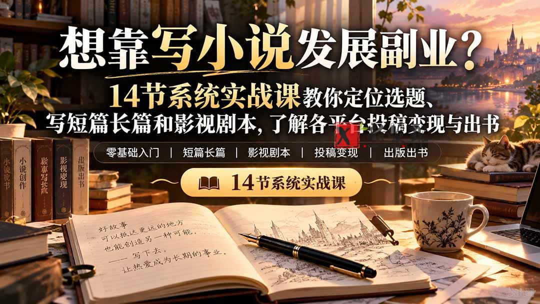 【无水印】想靠写小说发展副业？14节系统实战课教你定位选题、写短篇长篇和影视剧本，了解各平台投稿变现与出书-新发现资源网