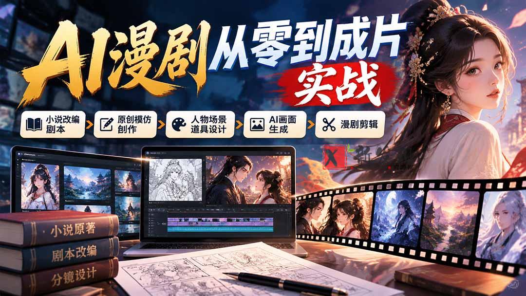 AI漫剧从零到成片实战：小说改编剧本、原创模仿创作、人物场景道具设计、AI画面生成与漫剧剪辑-新发现资源网