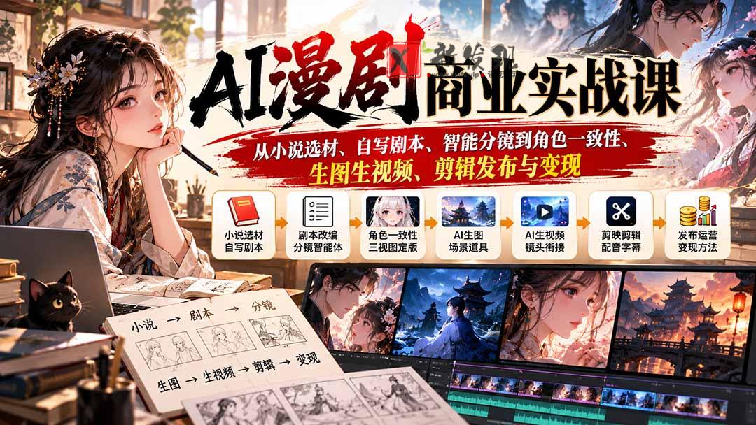AI漫剧商业实战课：从小说选材、自写剧本、智能分镜到角色一致性、生图生视频、剪辑发布与变现-新发现资源网