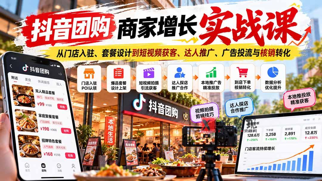 抖音团购商家增长实战课：从门店入驻、套餐设计到短视频获客、达人推广、广告投流与核销转化-新发现资源网