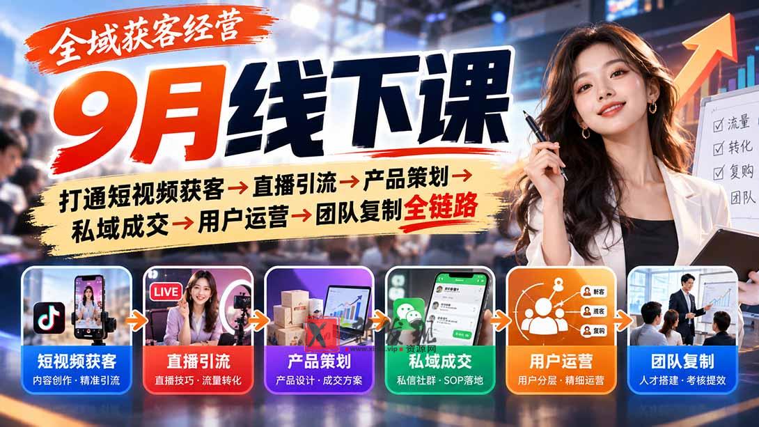 全域获客经营9月线下课：打通短视频获客→直播引流→产品策划→私域成交→用户运营→团队复制全链路-新发现资源网