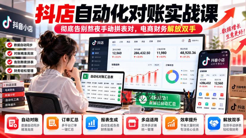 抖店自动化对账实战课，彻底告别熬夜手动拼表对，账电商财务解放双手-新发现资源网