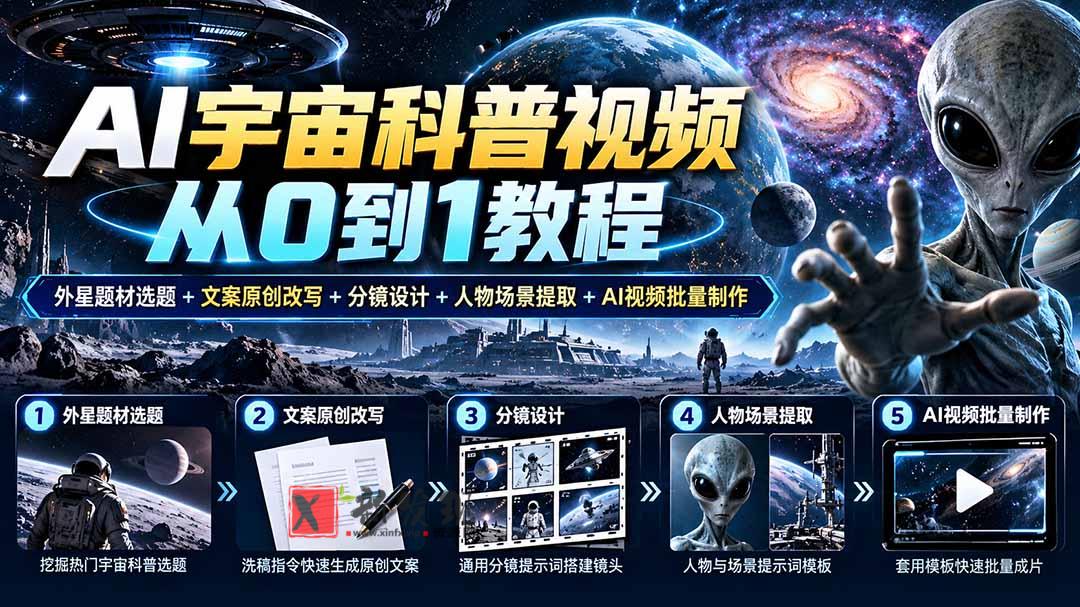 AI宇宙科普视频从0到1教程｜外星题材选题+文案原创改写+分镜设计+人物场景提取+AI视频批量制作-新发现资源网