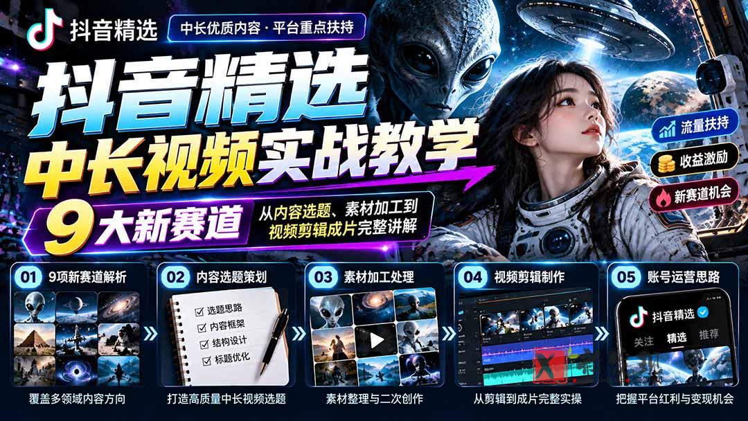 抖音精选中长视频实战教学：拆解9项细分赛道，从内容选题、素材加工到视频剪辑成片完整讲解-新发现资源网