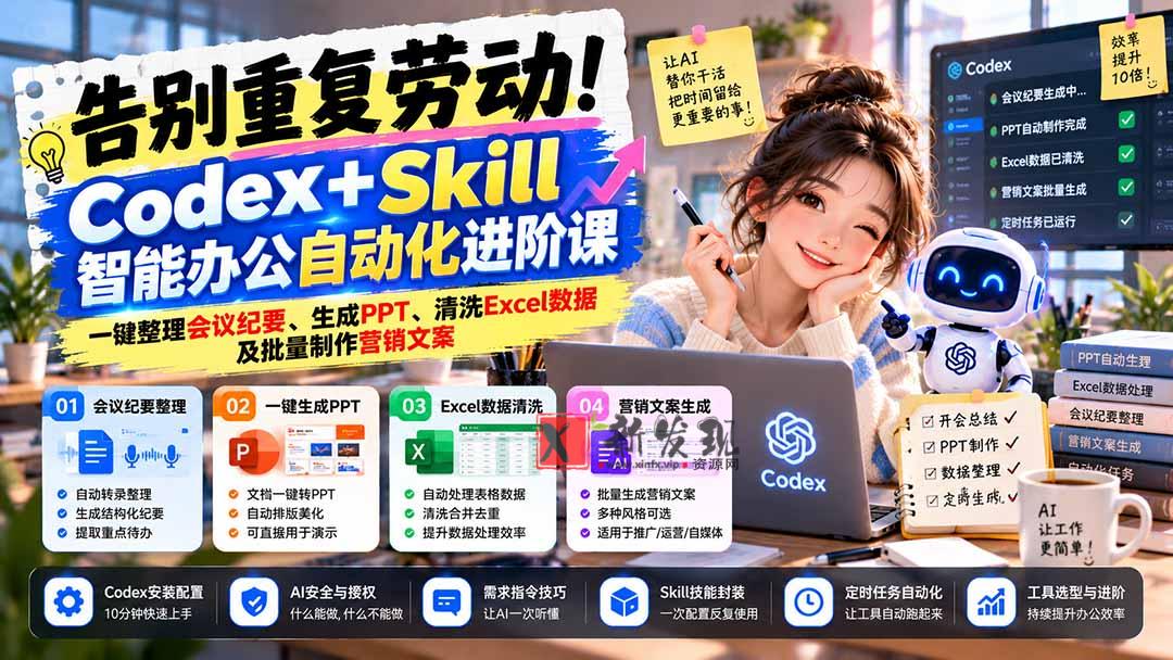 告别重复劳动！Codex+Skill智能办公自动化进阶课：一键整理会议纪要、生成PPT、清洗Excel数据及批量制作营销文案-新发现资源网