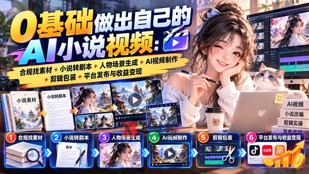 0基础做出自己的AI小说视频：合规找素材+小说转剧本+人物场景生成+AI视频制作+剪辑包装+平台发布与收益变现-新发现资源网