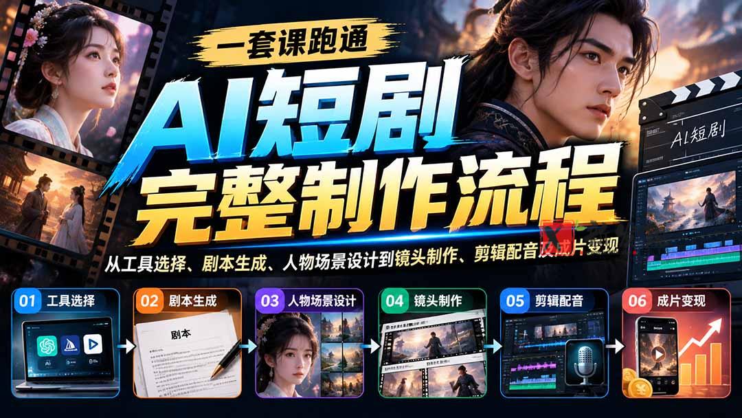 一套课跑通AI短剧完整制作流程：从工具选择、剧本生成、人物场景设计到镜头制作、剪辑配音及成片变现-新发现资源网