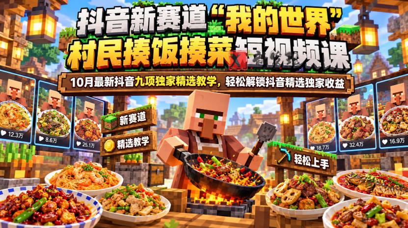 抖音新赛道“我的世界”村民揍饭揍菜短视频课，10月最新抖音九项独家精选教学，轻松解锁抖音精选独家收益-新发现资源网