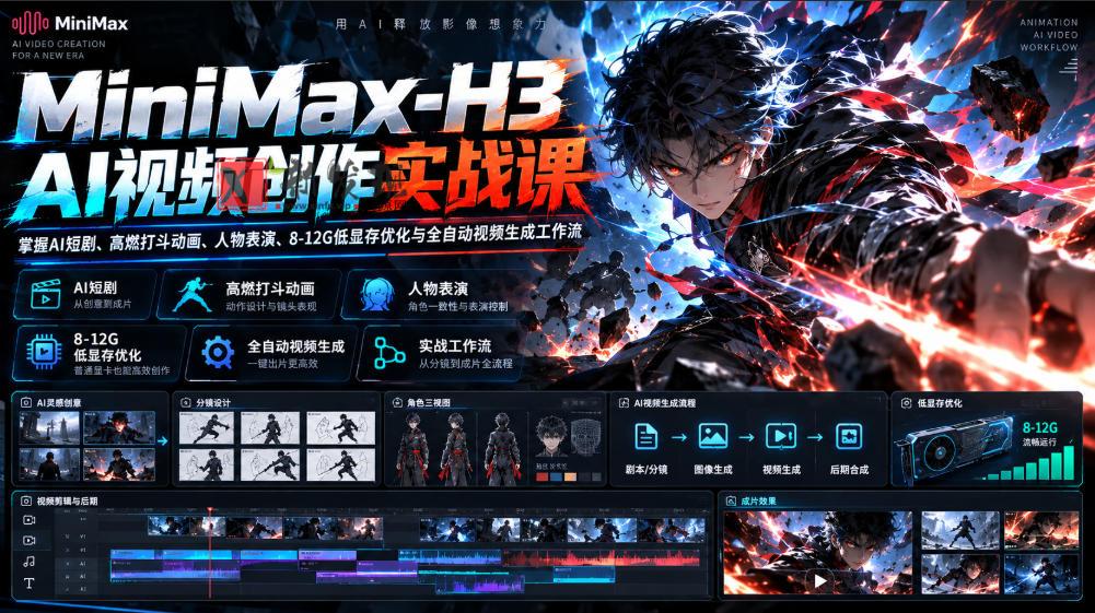 MiniMax-H3 AI视频创作实战课，掌握AI短剧、高燃打斗动画、人物表演、8-12G低显存优化与全自动视频生成工作流-新发现资源网