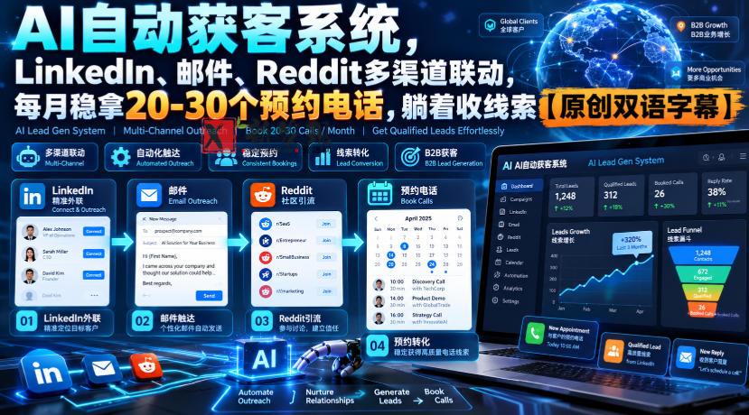 【无水印】AI自动获客系统，LinkedIn、邮件、Reddit多渠道联动，每月稳拿20-30个预约电话，躺着收线索【原创双语字幕】-新发现资源网