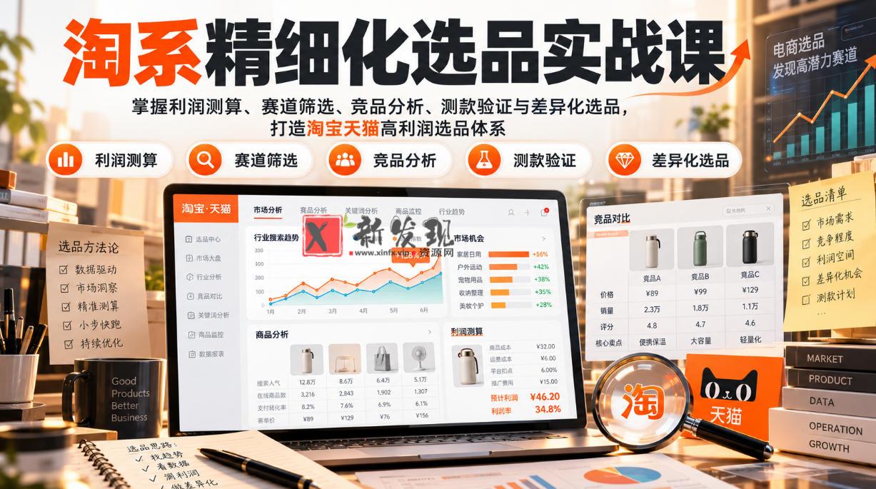 淘系精细化选品实战课：掌握利润测算、赛道筛选、竞品分析、测款验证与差异化选品，打造淘宝天猫高利润选品体系-新发现资源网