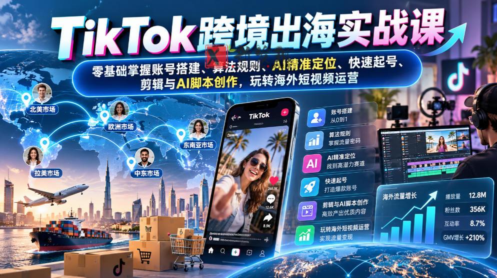 TikTok跨境出海实战课：零基础掌握账号搭建、算法规则、AI精准定位、快速起号、剪辑与AI脚本创作，玩转海外短视频运营-新发现资源网