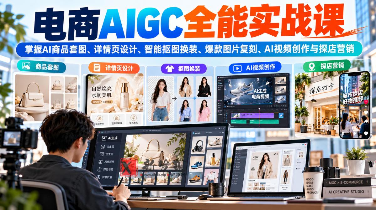 电商AIGC全能实战课：掌握AI商品套图、详情页设计、智能抠图换装、爆款图片复刻、AI视频创作与探店营销-新发现资源网