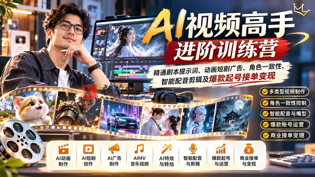 AI视频高手进阶训练营：精通剧本提示词、动画短剧广告、角色一致性、智能配音剪辑及爆款起号接单变现-新发现资源网