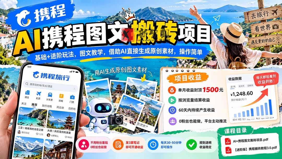 AI携程图文搬砖项目，基础+进阶玩法，图文教学，借助AI直接生成原创素材，操作简单-新发现资源网