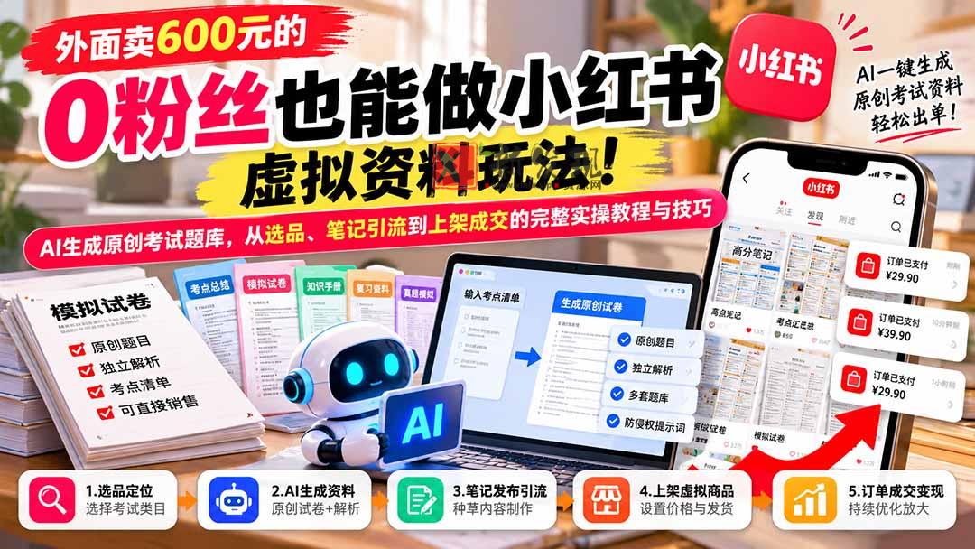 外面卖600元的 零粉丝也能做小红书虚拟资料玩法！AI生成原创考试题库，从选品、笔记引流到上架成交的完整实操教程-新发现资源网