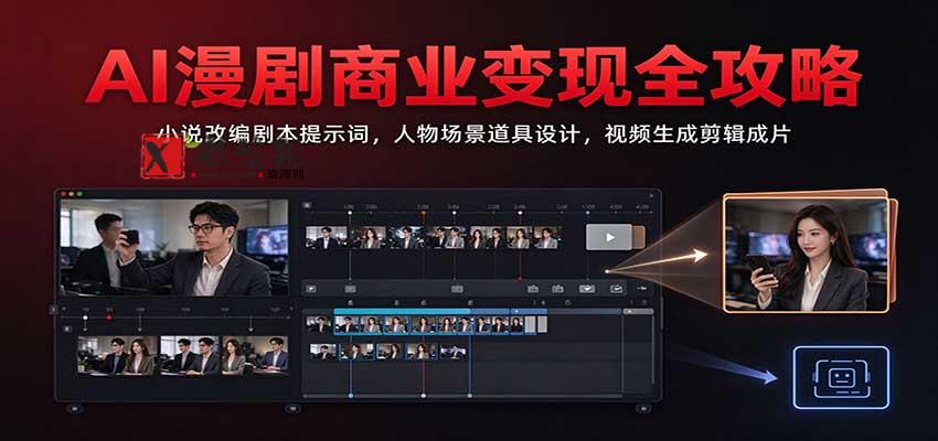 AI漫剧商业变现全攻略：小说改编剧本提示词，人物场景道具设计，视频生成剪辑成片-新发现资源网