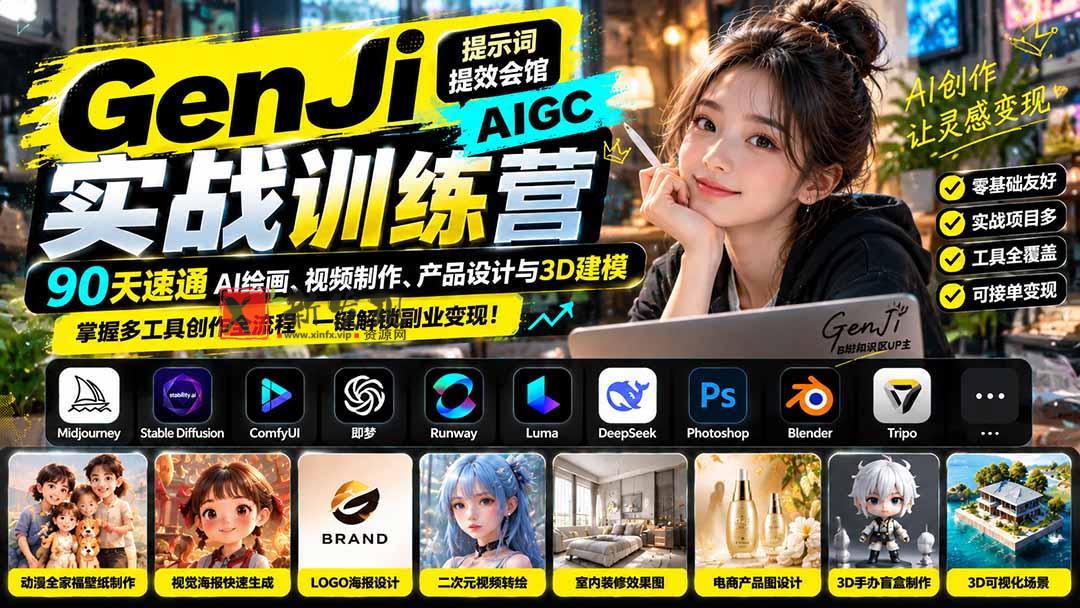 GenJi AIGC实战训练营：90天速通AI绘画、视频制作、产品设计与3D建模，掌握多工具创作全流程-新发现资源网