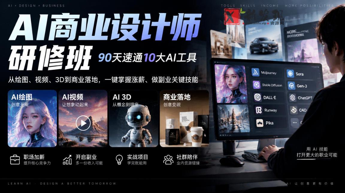 AI商业设计师研修班，90天速通10大AI工具，从绘图、视频、3D到商业落地，一键掌握涨薪、做副业关键技能-新发现资源网