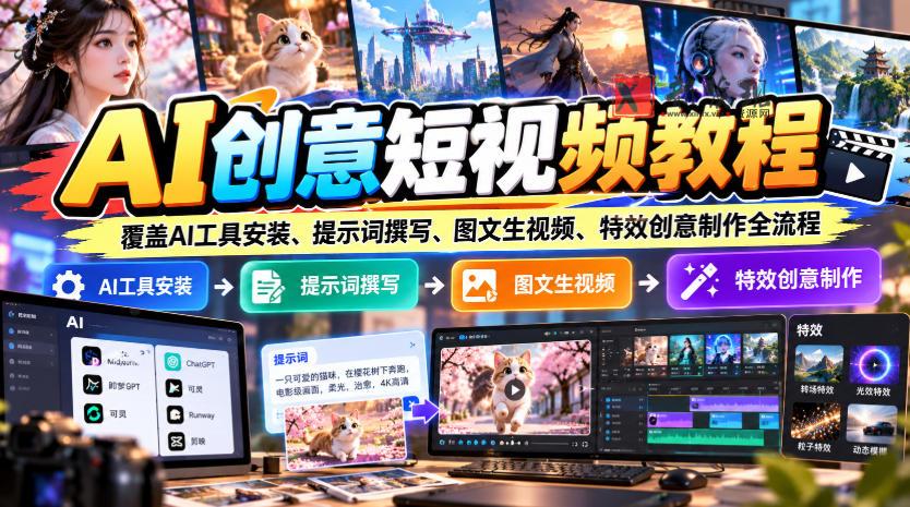 AI创意短视频教程，覆盖AI工具安装、提示词撰写、图文生视频、特效创意制作全流程-新发现资源网