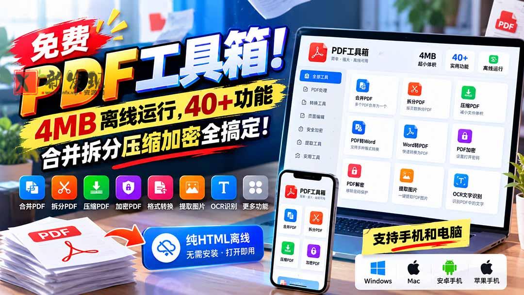 免费PDF工具箱！4MB离线运行，40+功能，合并拆分压缩加密全搞定！-新发现资源网