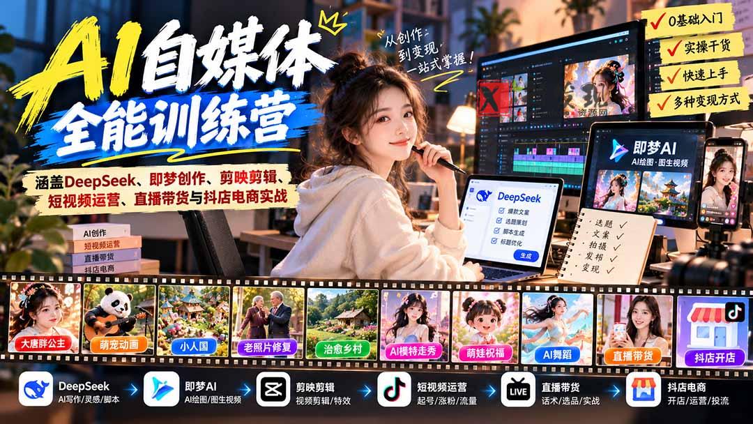 【无水印】AI+自媒体全能训练营：涵盖DeepSeek、即梦创作、剪映剪辑、短视频运营、直播带货与抖店电商实战-新发现资源网