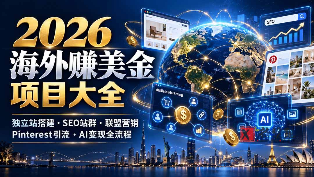 2026海外赚美金项目大全：独立站搭建、SEO站群、联盟营销、Pinterest引流与AI变现全流程-新发现资源网