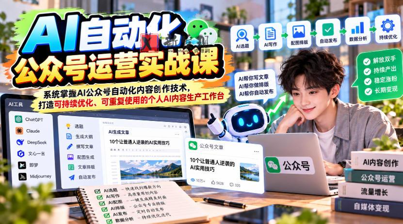 AI自动化公众号运营实战课，系统掌握AI公众号自动化内容创作技术，打造可持续优化、可重复使用的个人AI内容生产工作台-新发现资源网