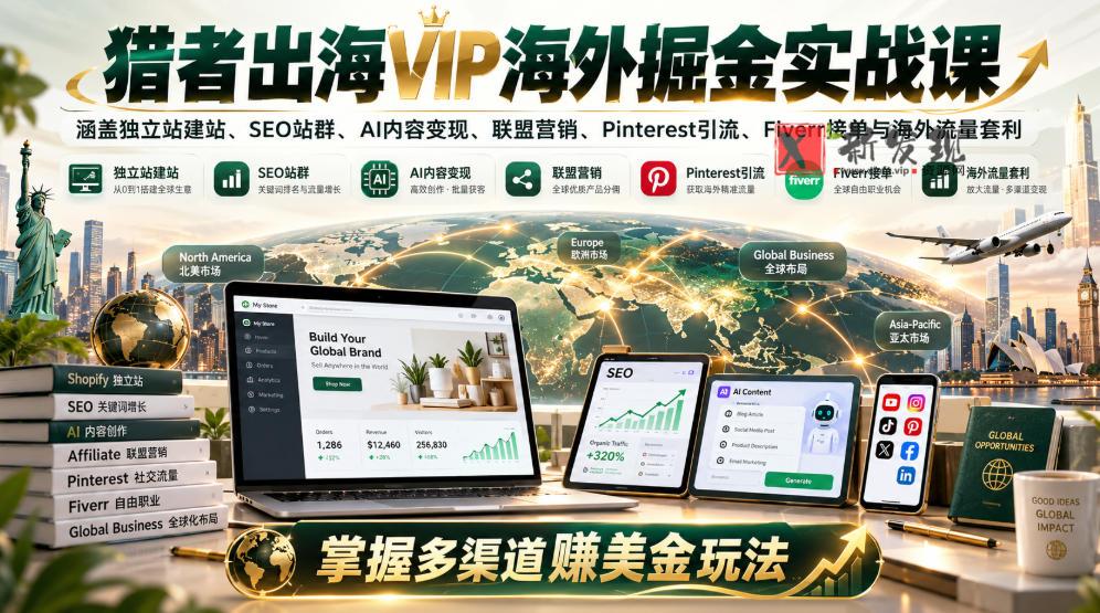 猎者出海VIP海外掘金实战课：涵盖独立站、SEO站群、AI变现、联盟营销、Pinterest引流、Fiverr接单与海外流量套利，掌握多渠道賺美金玩法-新发现资源网
