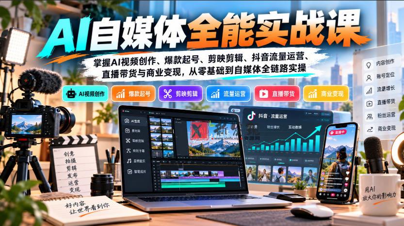 【无水印】AI自媒体全能实战课，掌握AI视频创作、爆款起号、剪映剪辑、抖音流量运营、直播带货与商业变现，从零基础到自媒体全链路实操-新发现资源网