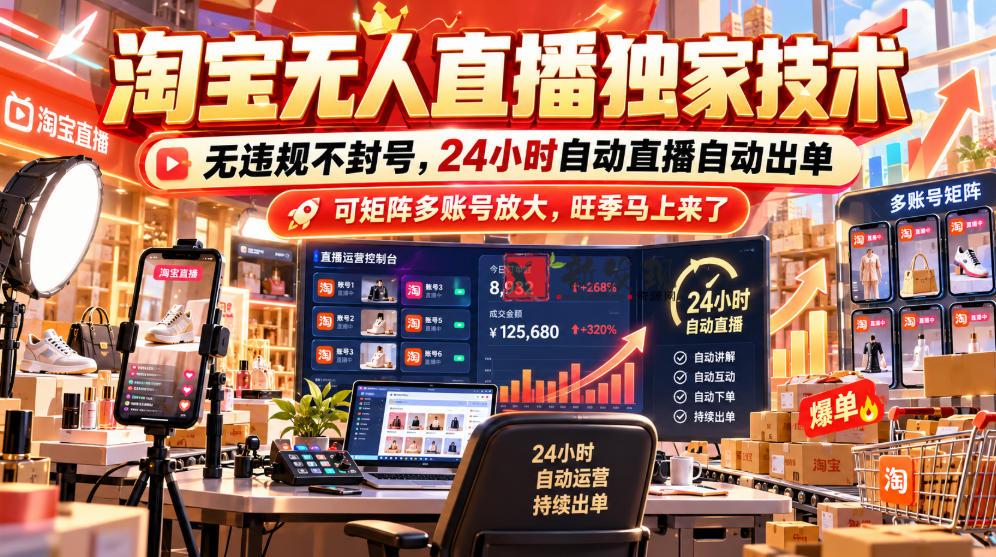 淘宝无人直播独家技术，无违规不封号，24小时自动直播自动出单，可矩阵多账号放大，旺季马上来了【揭秘】-新发现资源网