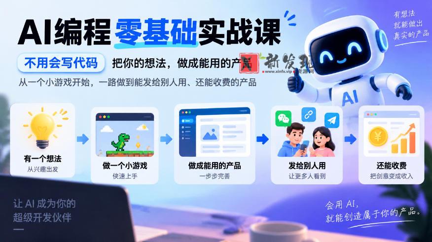AI编程零基础实战课，不用会写代码，把你的想法，做成能用的产品，从一个小游戏开始，一路做到能发给别人用、还能收费的产品-新发现资源网