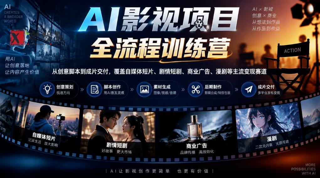 AI影视项目全流程训练营，从创意脚本到成片交付，覆盖自媒体短片、剧情短剧、商业广告、漫剧等主流变现赛道-新发现资源网