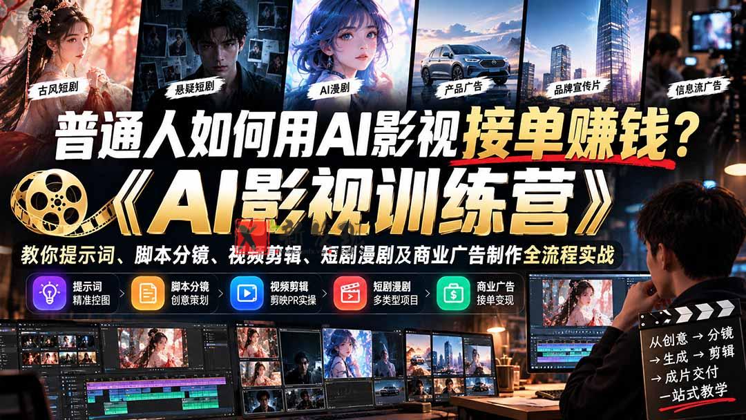 普通人如何用AI影视接单赚钱？《AI影视训练营》教你提示词、脚本分镜、视频剪辑、短剧漫剧及商业广告制作全流程实战-新发现资源网