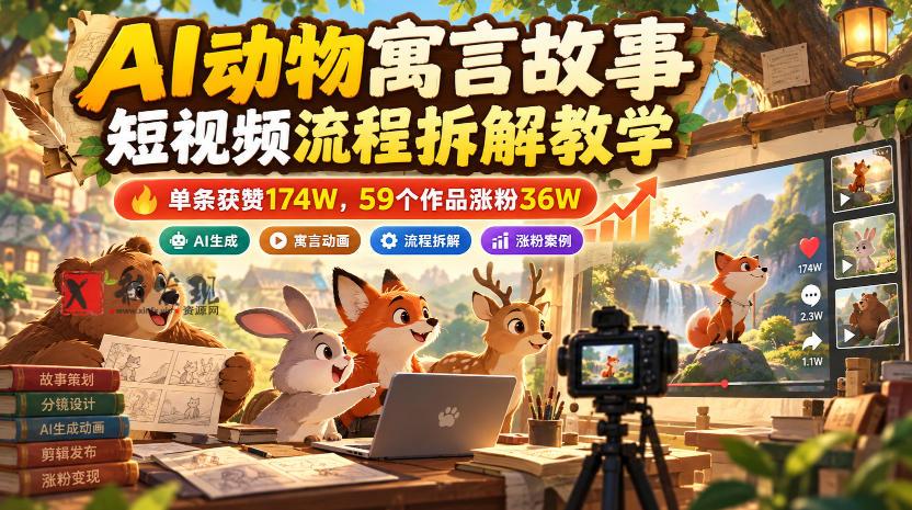 AI动物寓言故事短视频流程拆解教学，单条获赞174W，59个作品涨粉36W-新发现资源网