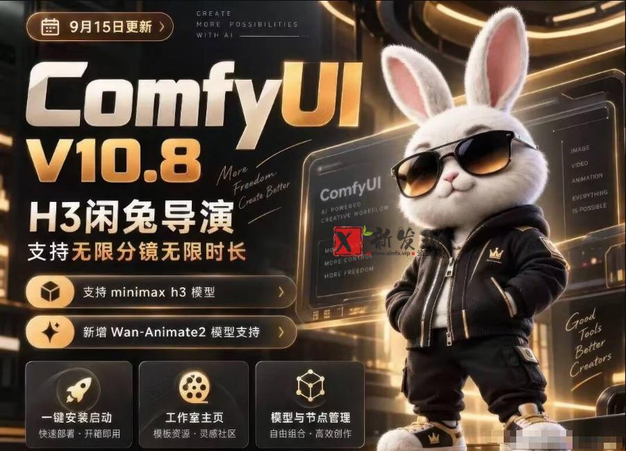 ComfyUI V10.8中文整合包，H3闲兔导演，支持无限分镜无限时长，1000+工作流，动作迁移，角色替换，视频一致性，口型同步，低显存可用-新发现资源网