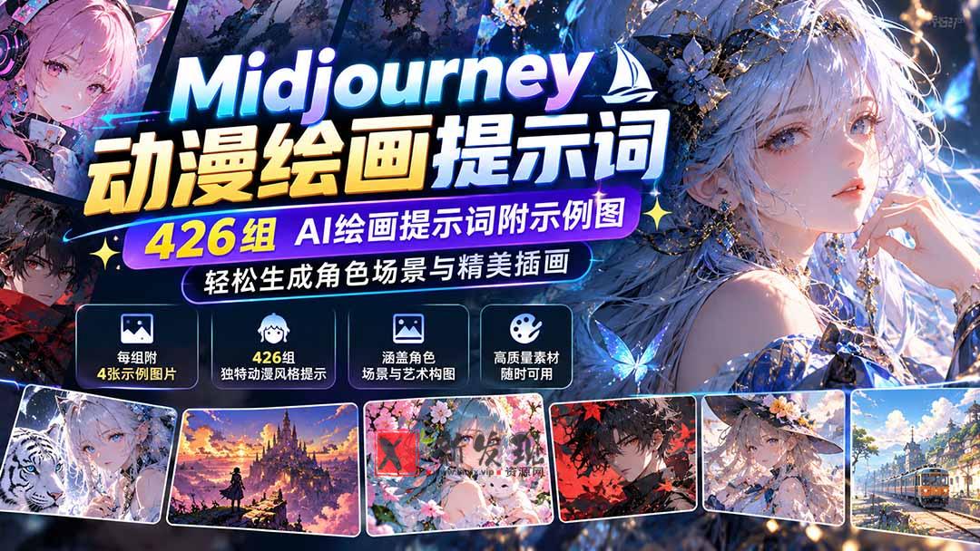 Midjourney动漫绘画提示词：426组AI绘画提示词附示例图，轻松生成角色场景与精美插画-新发现资源网