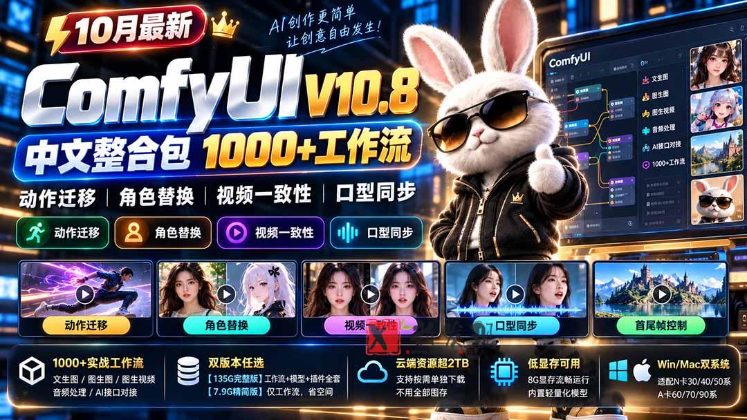 10月最新ComfyUI V10.8中文整合包 1000+工作流 动作迁移 角色替换 视频一致性 口型同步 低显存可用-新发现资源网