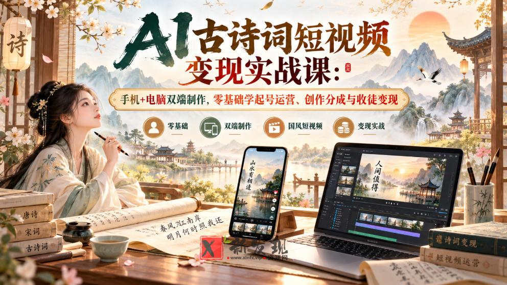 AI古诗词短视频变现实战课：手机+电脑双端制作，零基础学起号运营、创作分成与收徒变现-新发现资源网