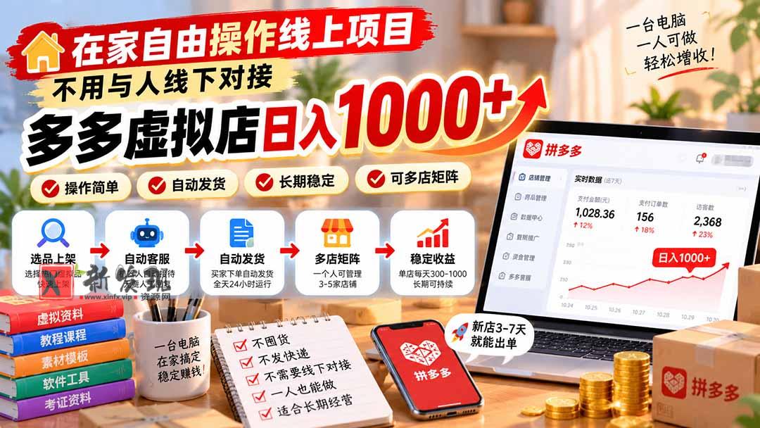 在家自由操作线上项目，不用与人线下对接，多多虚拟店日入 1000+-新发现资源网