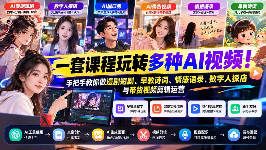 【无水印】一套课程玩转多种AI视频！手把手教你做漫剧短剧、早教诗词、情感语录、数字人探店与带货视频剪辑运营-新发现资源网