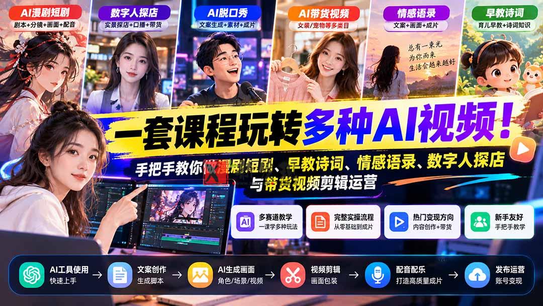 (21271期)【无水印】一套课程玩转多种AI视频!手把手教你做漫剧短剧、早教诗词、情感语录、数字人探店与带货视频剪辑运营 20261031050217-6ae5765900f4b.jpg
