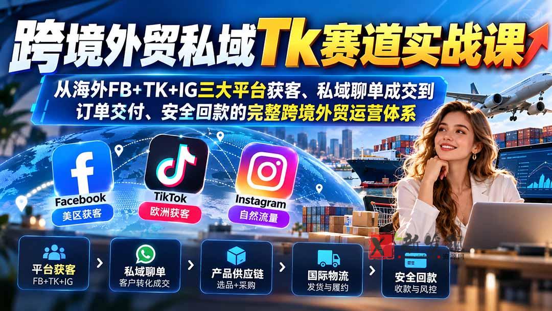 跨境外贸私域Tk赛道实战课：从海外FB+TK+IG三大平台获客、私域聊单成交到订单交付、安全回款的完整跨境外贸运营体系-新发现资源网