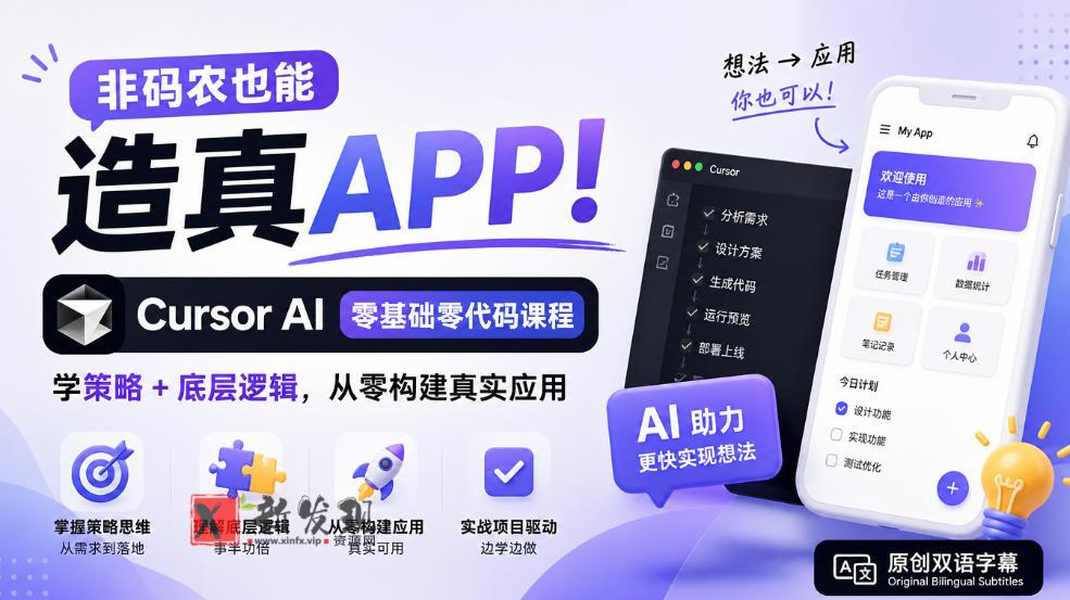 非码农也能造真APP！Cursor AI零基础零代码课程：学策略+底层逻辑，从零构建真实应用【原创双语字幕】-新发现资源网