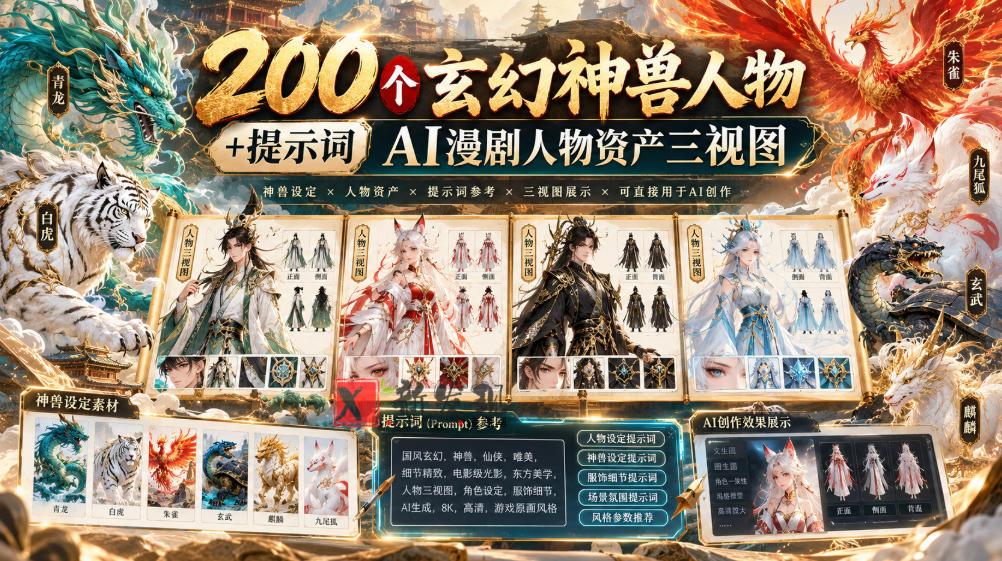 200个玄幻神兽人物+提示词ai漫剧人物资产三视图-新发现资源网