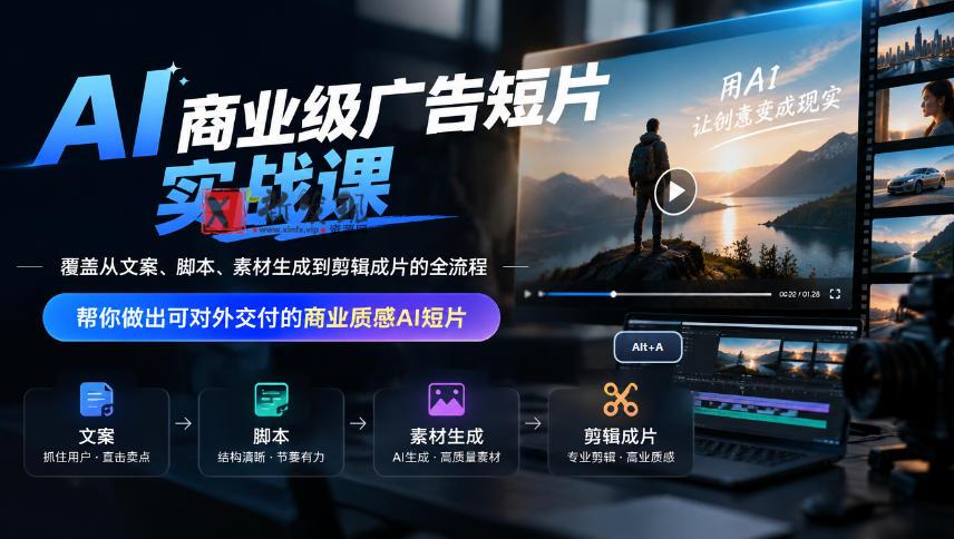 AI商业级广告短片实战课，覆盖从文案、脚本、素材生成到剪辑成片的全流程，帮你做出可对外交付的商业质感AI短片-新发现资源网