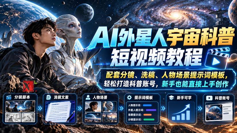 AI外星人宇宙科普短视频教程，配套分镜、洗稿、人物场景提示词模板，轻松打造科普账号，新手也能直接上手创作-新发现资源网